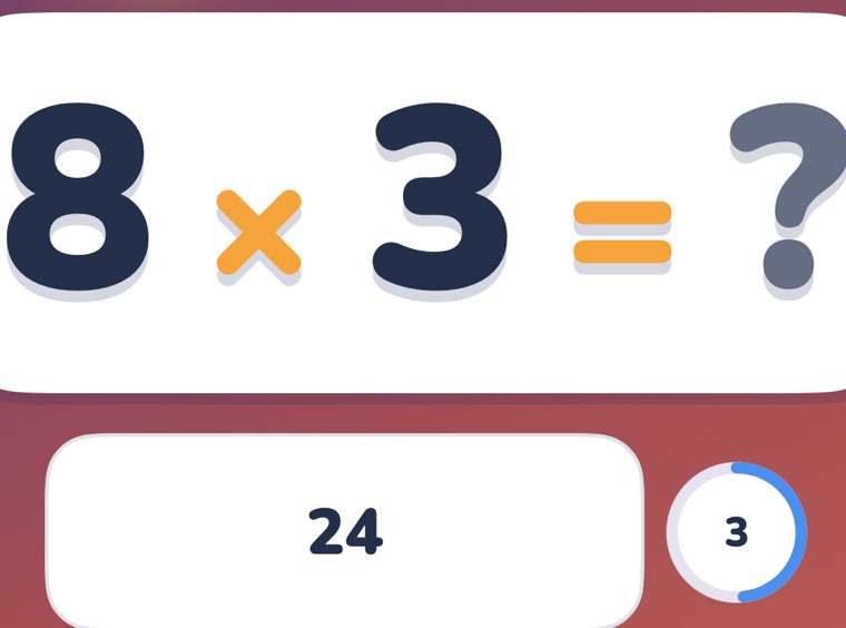 A Multiplication Tables Check question: 8 times 3, with 24 typed and 3 seconds left