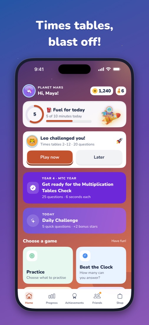 Times tables, blast off! The home screen