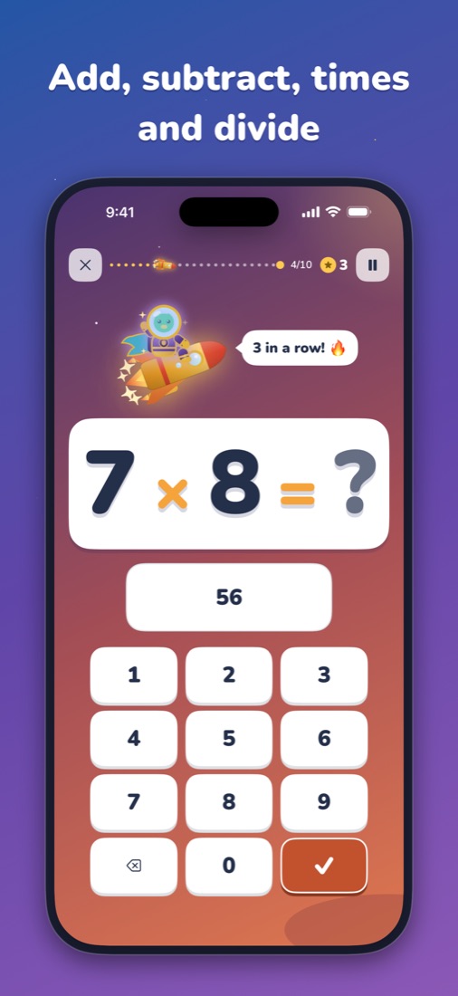 Add, subtract, times and divide: a question screen